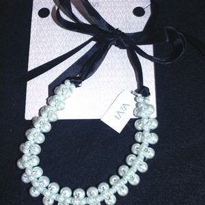Faux Pearl Bling  Ribbon Tie  Necklace 16"